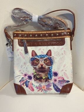 Cat Print Crossbody Bag in White and Brown